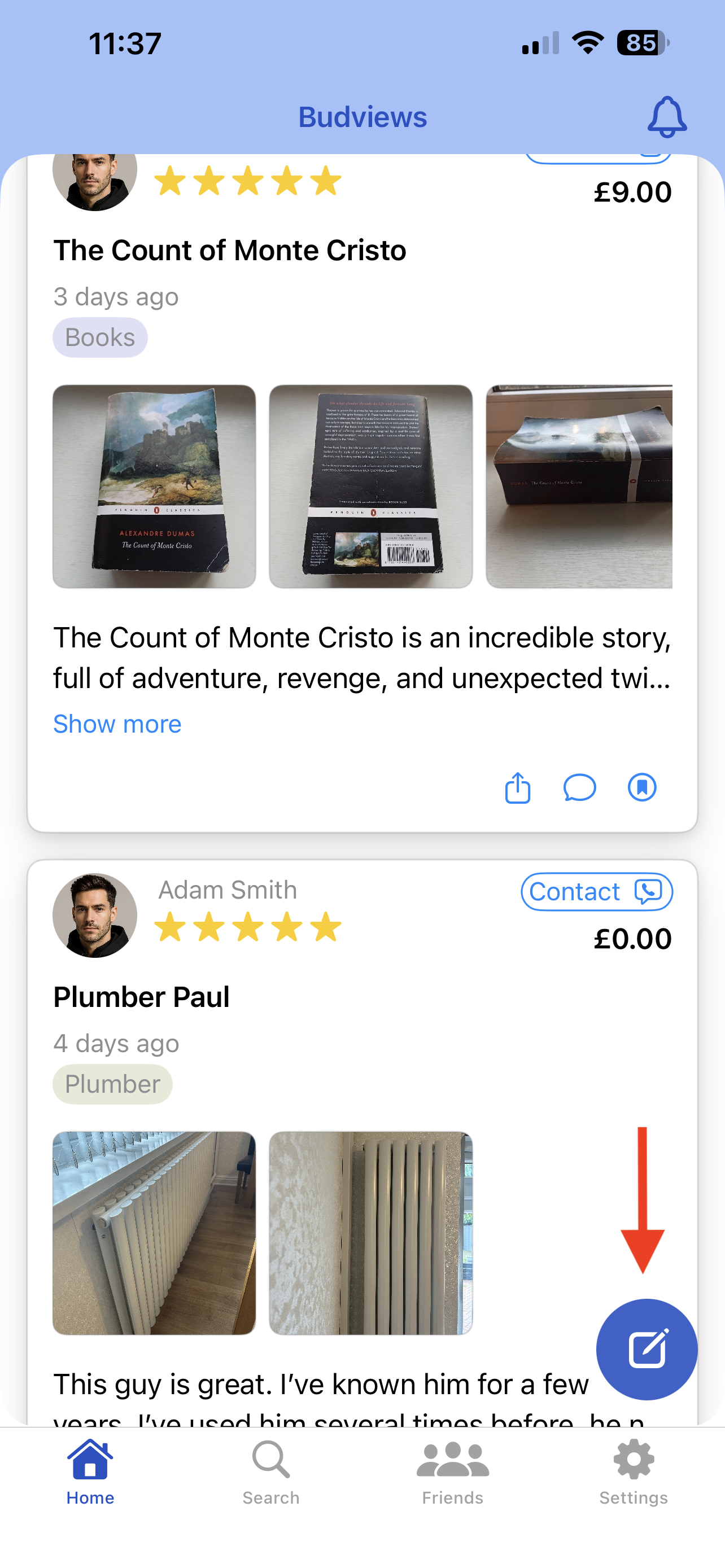 Home view showing the New Review floating button (full view)